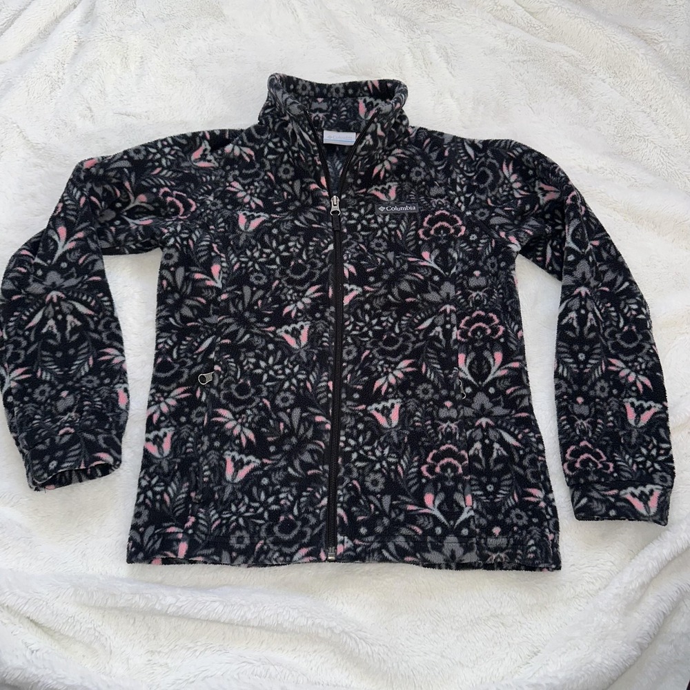 Columbia Fleece Jacket Kids Black Gray Pink‎ Floral Print Light Full Zip M 10-12